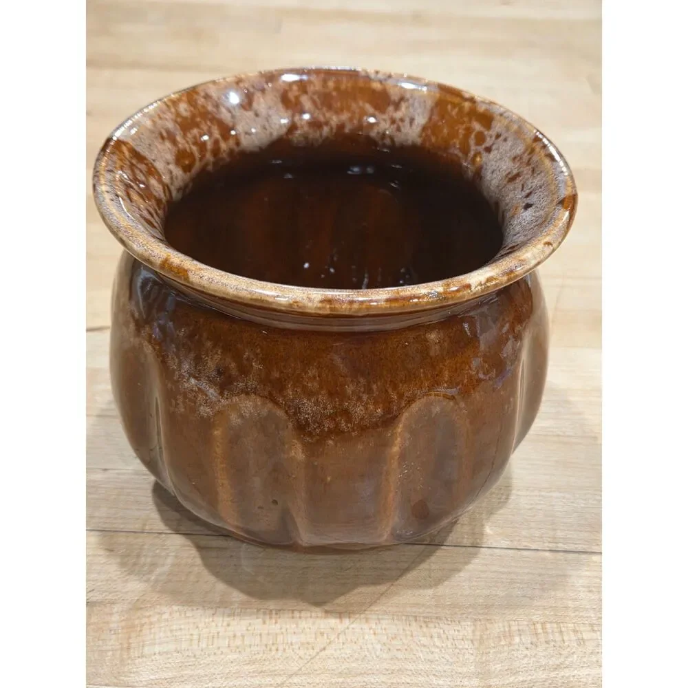 Vintage Hull Pottery Drip Glaze Brown Ribbed Pumpkin Planter Pot 5.25